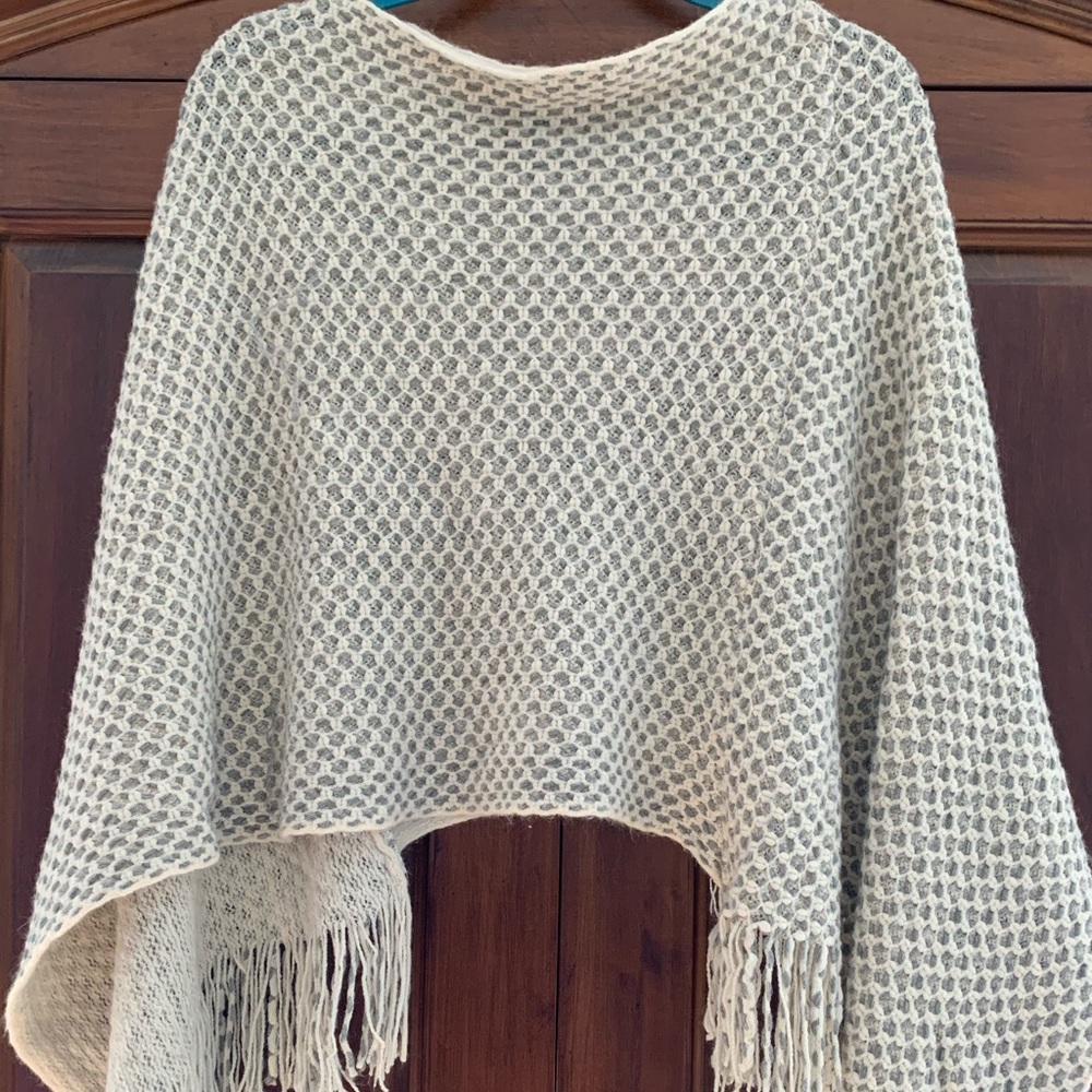 Cream and Grey Poncho with tassels